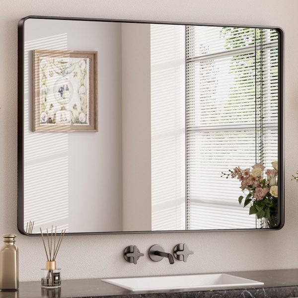 814JHsyPPeL._AC_SL1500 Black Metal Framed Bathroom Mirrors for Wall, 20 x 30 Inch Rounded Rectangle Bathroom Vanity Mirror, Matte Black Farmhouse Mirror with Seamless Frame, HD Tempered Glass(Horizontal/Vertical)