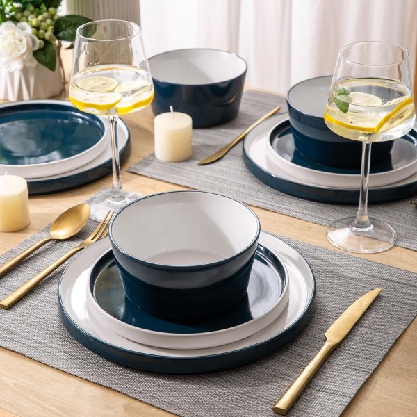 Ceramic Dinnerware Sets for 4,12 -Piece Double Color Stoneware Plates and Bowls Set,Chip and Crack Resistant | Dishwasher & Microwave Safe Dishes Set,Service for 4 -White &Blue