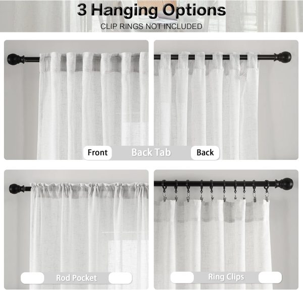 815VoepwvvL._AC_SL1500 White Linen Sheer Curtains 96 Inch Length for Extra Wide Windows 84 Inch Width 2 Panel Back Tab Pocket Light Filter Semi Sheer Long Skinny Curtains for Living Room Rustic Farmhouse 8 FT Wide 84 x 96