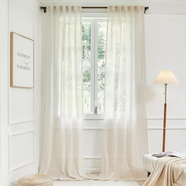 815ZKWaT_bL._AC_SL1500 White Linen Sheer Curtains 96 Inch Length for Extra Wide Windows 84 Inch Width 2 Panel Back Tab Pocket Light Filter Semi Sheer Long Skinny Curtains for Living Room Rustic Farmhouse 8 FT Wide 84 x 96