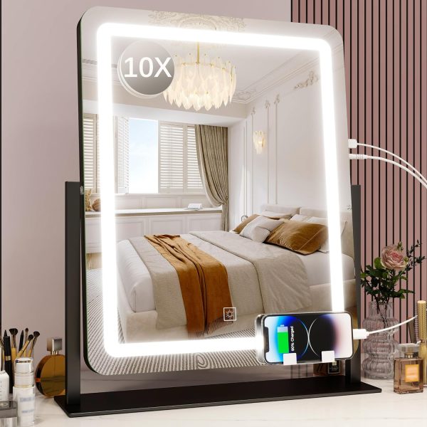 Lighted Makeup Mirror with Light, 9"x11" Vanity Mirror with Lights, Portable Tabletop Cosmetic Make Up Mirror, Smart Touch Control, Dual Power Supply, 360°Rotation