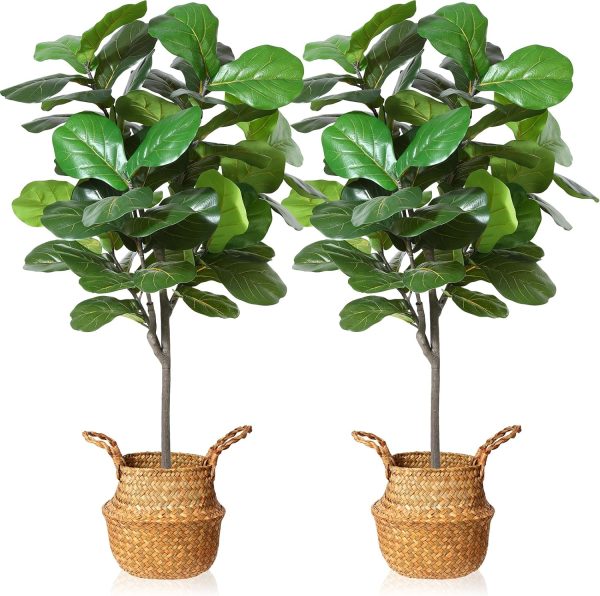 Artificial Fiddle Leaf Fig Tree 37" Fake Potted Ficus Lyrata Plant with Handmade Seagrass Basket, Perfect Faux Plants Home Décor for Indoor Outdoor Office Porch Balcony Bedroom Bathroom Gift