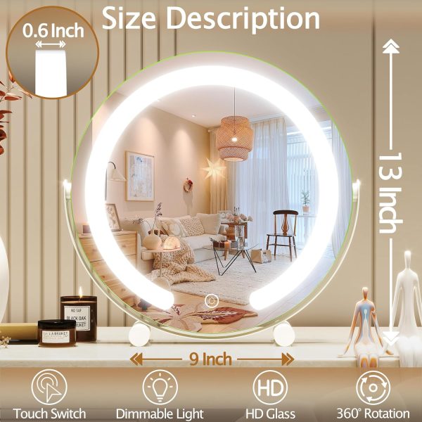 8173EXJfpoL._AC_SL1500 13 Inch Vanity Mirror with Lights, LED Makeup Mirror for Bedroom Makeup, Light up Mirror Smart Touch Control 3 Colors Dimmable, 360 Rotation (White)