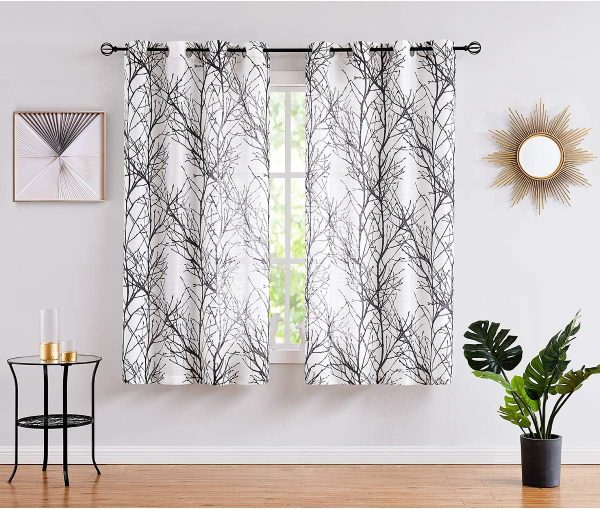 Tree Print Yellow Grey and White Curtains for Living Room Windows - Linen Textured Grommet Branches Pattern Window Treatment Set for Bedroom - 50" W x 96" L - (2 Panels)