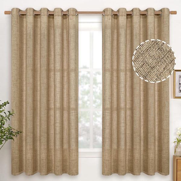 Natural Linen Curtains 63 Inch Length 2 Panels Bronze Grommet Linen Textured Short Window Drapes Light Filtering for Living Room Bedroom, 52 X 63 Inch