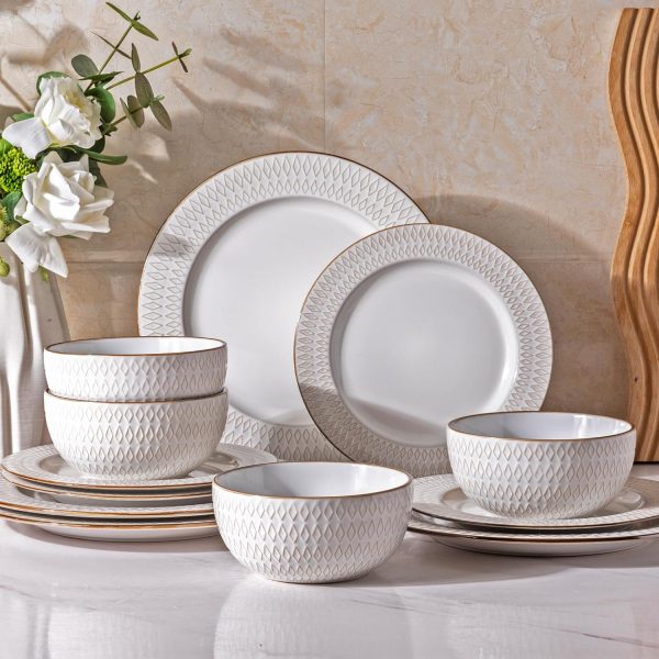 819IBwKTgjL._AC_SL1500 Ceramic Dinnerware Sets, Embossed White Stoneware Plates and Bowls Sets, Housewarming Wedding Gift | Dishwasher & Microwave Safe | Dishes Set Service for 4
