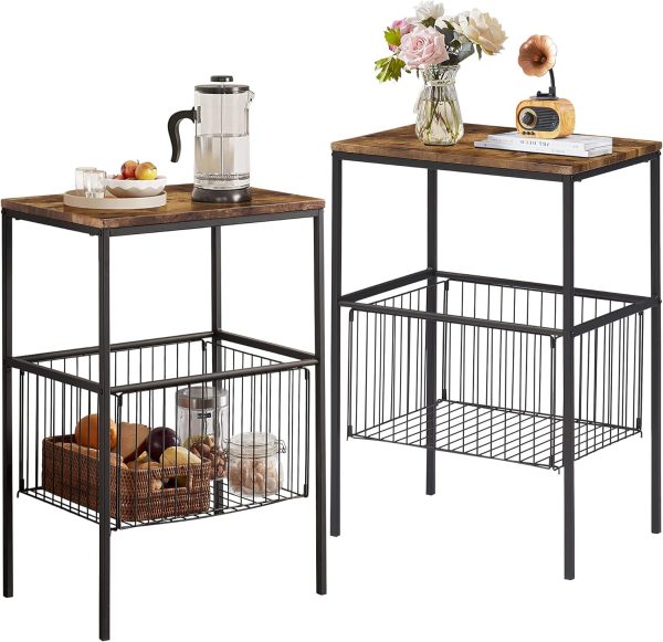 819LPdTwAVL._AC_SL1500 Tall Side End Table,Nightstands Shelf Storage Organizer with Versatile Metal Basket for Telephone Entryway/Living Room/Bedroom/Kitchen,31" H, 1 Set, Rustic Brown