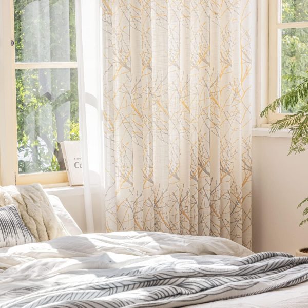 Tree Print Yellow Grey and White Curtains for Living Room Windows - Linen Textured Grommet Branches Pattern Window Treatment Set for Bedroom - 50" W x 96" L - (2 Panels)