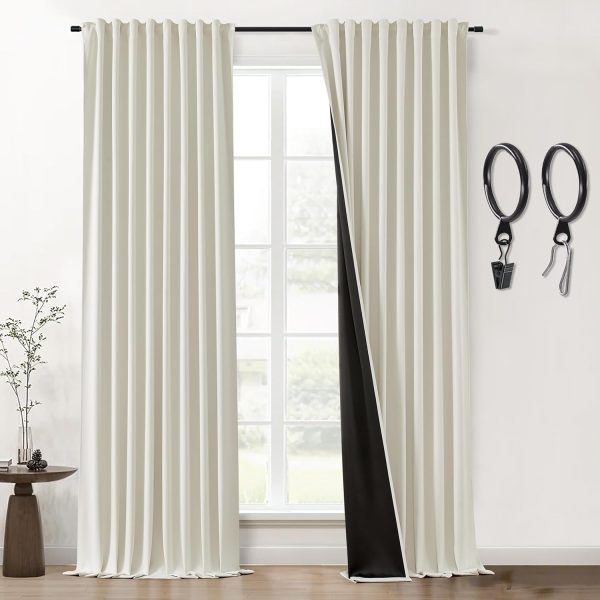 Blackout Curtains 96 Inches Long 2 Panel Set for Living Room,Black Out Room Darkening Thermal Pleated Back Tab Hooks Rings Pleat 8 FT Track Ceiling to Floor Length Curtains for Bedroom Window,Cream