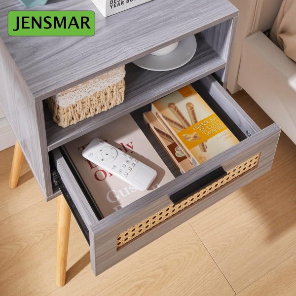 81AliJrvjnL._AC_SL1500 Bedside Table with LED Light, Nightstand with Drawer 24" Tall Night Stand with Storage Wicker Boho End Table Night Stand with Rattan Drawer Sofa Table with Open Wide and Deep Shelf Solid Wood Feet