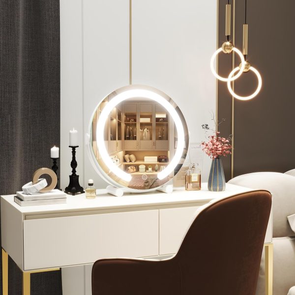 81CnygWt9VL._AC_SL1500 13 Inch Vanity Mirror with Lights, LED Makeup Mirror for Bedroom Makeup, Light up Mirror Smart Touch Control 3 Colors Dimmable, 360 Rotation (White)
