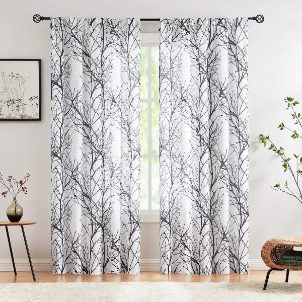 Tree Print Yellow Grey and White Curtains for Living Room Windows - Linen Textured Grommet Branches Pattern Window Treatment Set for Bedroom - 50" W x 96" L - (2 Panels)