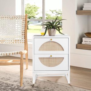 81DUAgDi4xL._AC_SL1500 Rattan Nightstand, End Side Table with 2 Rattan Drawers, Wood Square Bedside Table with Storage, Accent Sofa Table for Home Office Living Room Bedroom, White