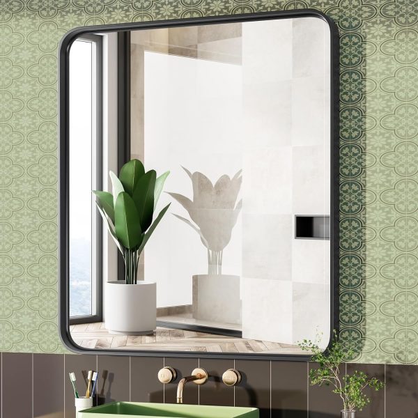 81EzVgO64IL._AC_SL1500 Black Vanity Bathroom Mirror for Wall, Metal Framed Rounded Rectangular Modern Mirrors for Over Sink, 24x36 Inch for Farmhouse, Tempered Glass, Hangs Horizontally or Vertically