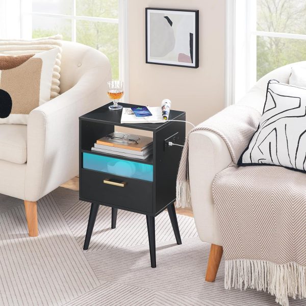 Nightstand with Charging Station and LED Lights, Night Stands with Drawer, End Bedside Table with USB Ports & Outlets, Side Table for Bedroom, LED Nightstands, for Bedroom, Black BB01UDBZ01