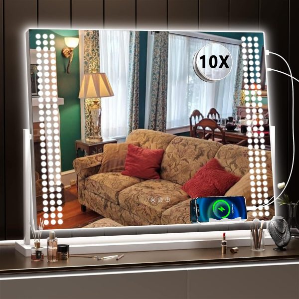 81GQBnglUoL._AC_SL1500 Vanity Mirror with Lights, 10"×12" LED Makeup Mirror, Lighted Makeup Mirror with Lights, Smart Touch Control Dimmable 3 Modes Light 360°Rotation White