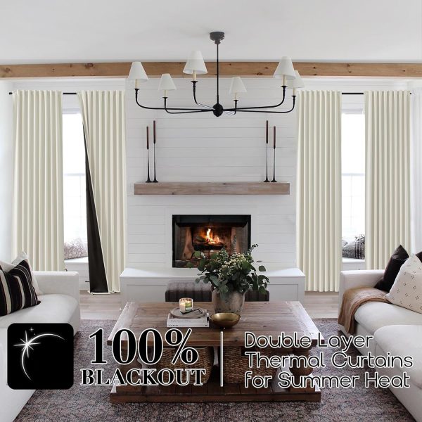 Blackout Curtains 96 Inches Long 2 Panel Set for Living Room,Black Out Room Darkening Thermal Pleated Back Tab Hooks Rings Pleat 8 FT Track Ceiling to Floor Length Curtains for Bedroom Window,Cream