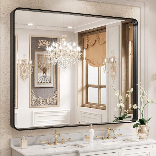 81Gl_HQ3o6L._AC_SL1500 22x30 Inch Bronze Bathroom Mirror for Vanity, Brushed Bronze Metal Frame Mirror for Wall, Rounded Rectangle Bronze Frame Mirror with Tempered Glass, Anti-Rust (Horizontal/Vertical)