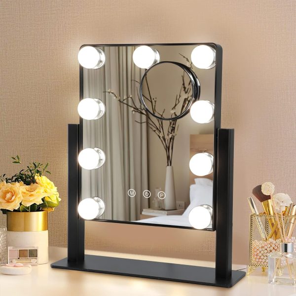 Makeup Vanity Mirror with Lights, 10X Magnification Hollywood Lighted Mirror with 9 Dimmer Led Bulbs, Plug in Light-up Beauty Mirror, Touch Screen Lighted Table Set Mirror, 360°Rotation(White)