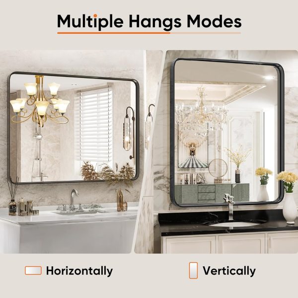 81IP8Unu0TL._AC_SL1500 Black Vanity Bathroom Mirror for Wall, Metal Framed Rounded Rectangular Modern Mirrors for Over Sink, 24x36 Inch for Farmhouse, Tempered Glass, Hangs Horizontally or Vertically