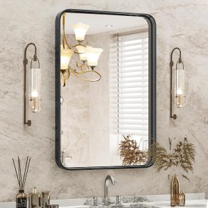 81IlFxrQzqL._AC_SL1500 Black Metal Framed Vanity Rounded Rectangle Bathroom Mirrors for Over Sink Wall, 30x22 Inch Matte Large Mirror, Modern Decorative for Restroom, Farmhouse, Horizontally or Vertically Hanging
