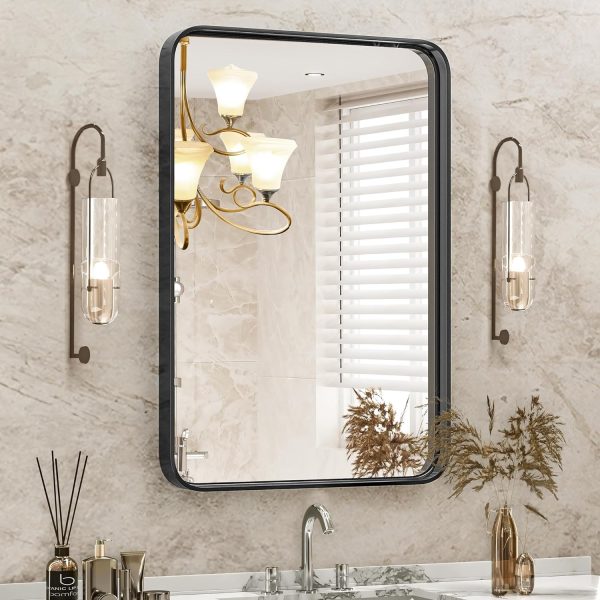 81IlFxrQzqL._AC_SL1500 Black Metal Framed Vanity Rounded Rectangle Bathroom Mirrors for Over Sink Wall, 30x22 Inch Matte Large Mirror, Modern Decorative for Restroom, Farmhouse, Horizontally or Vertically Hanging