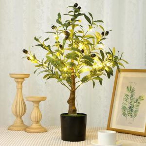 24 Inch Artificial Olive Tree Tall Faux Silk Olive Trees with LED String Lights Fake Potted Artificial Plants Indoor Outdoor for Home Office Table Decor