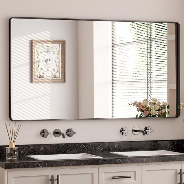 81O9m0AXbBL._AC_SL1500 Black Metal Framed Bathroom Mirrors for Wall, 20 x 30 Inch Rounded Rectangle Bathroom Vanity Mirror, Matte Black Farmhouse Mirror with Seamless Frame, HD Tempered Glass(Horizontal/Vertical)