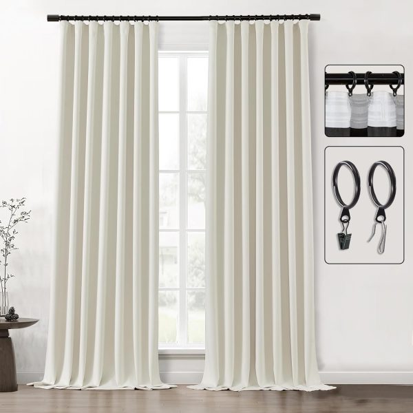 Blackout Curtains 96 Inches Long 2 Panel Set for Living Room,Black Out Room Darkening Thermal Pleated Back Tab Hooks Rings Pleat 8 FT Track Ceiling to Floor Length Curtains for Bedroom Window,Cream