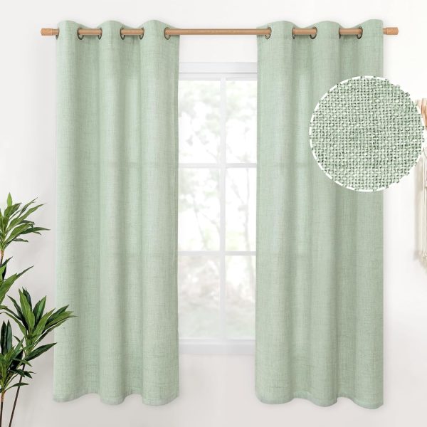 Natural Linen Curtains 63 Inch Length 2 Panels Bronze Grommet Linen Textured Short Window Drapes Light Filtering for Living Room Bedroom, 52 X 63 Inch