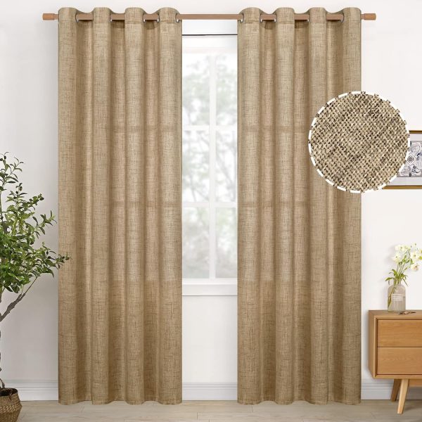 Natural Linen Curtains 63 Inch Length 2 Panels Bronze Grommet Linen Textured Short Window Drapes Light Filtering for Living Room Bedroom, 52 X 63 Inch
