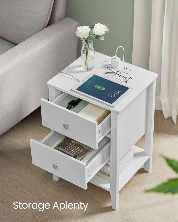 Bamboo Nightstand with Charging Station, Bedside Table with 2 Drawers, Side End Table with Open Shelf, 2 USB-A Ports, 2 AC Outlets, Minimalist, for Bedroom, Cloud White ULET623W01