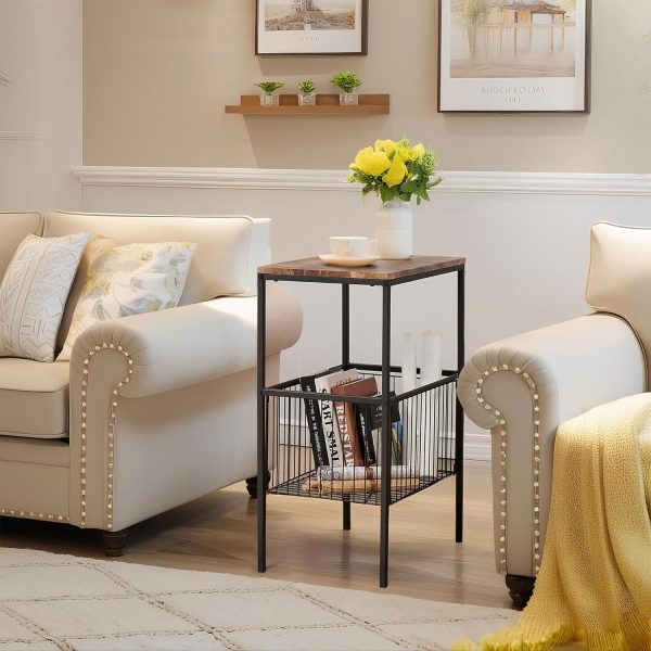 81RtUAF7EvL._AC_SL1500 Tall Side End Table,Nightstands Shelf Storage Organizer with Versatile Metal Basket for Telephone Entryway/Living Room/Bedroom/Kitchen,31" H, 1 Set, Rustic Brown