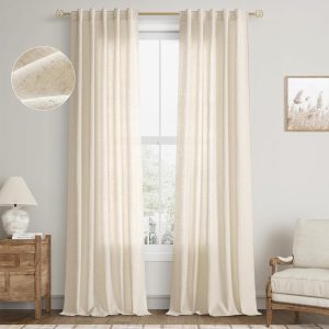 81VHZVzbWCL._AC_SL1500 Linen Semi Sheer Curtains 90 Inches Long for Living Room Sliding Glass Door Back Tab Burlap Linen Look Rod Pocket Pinch Pleat Vintage Boho Farmhouse Beige Drapes Oatmeal Beige Colored