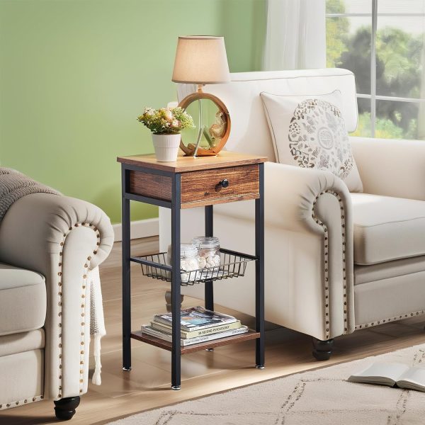 81WJwCLl6DL._AC_SL1500 Tall Side End Table,Nightstands Shelf Storage Organizer with Versatile Metal Basket for Telephone Entryway/Living Room/Bedroom/Kitchen,31" H, 1 Set, Rustic Brown