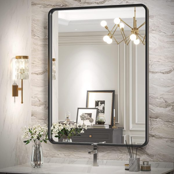 Black Bathroom Mirror for Wall, 20 x 28 Inch Rectangluar Black Metal Framed Mirror, Modern Wall Mounted Vanity Mirror for Bathroom, Vertical or Horizontal