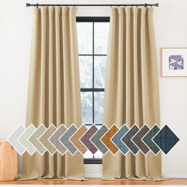 Faux Linen Curtains 90 inches Long for Doorway, Pinch Pleated Thick Room Darkening Window Treatments Noise Reducing Privacy for Living Room/Bedroom, Natural, W34 x L90, 2 Panels
