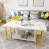 Marble Coffee Table, Faux Marble Top Rectangular Coffee Table with Gold Metal Frame, 2 Tier Living Room Table for Living Room, Office, Balcony, 40 Inch, White and Gold