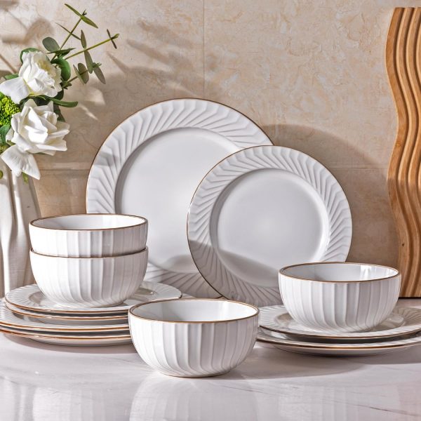 81_-e7tZAqL._AC_SL1500 Ceramic Dinnerware Sets, Embossed White Stoneware Plates and Bowls Sets, Housewarming Wedding Gift | Dishwasher & Microwave Safe | Dishes Set Service for 4