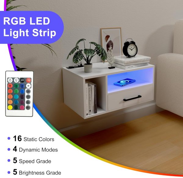 81_HRP-T0fL._AC_SL1500 Floating Nightstand with Charging Station and LED Lights, Floating Bedside Table with Drawers Wall Mounted Nightstands,for Bedroom Room, 21.3" x 11.8" x 10",White