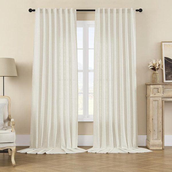 Linen Curtains 2 Panel Set,Light Filtering, Ivory on Linen Curtains 96 Inch Curtains for Living Room, Cream Drapes 96 Inches Long Rod Pocket Back Tab Curtains (96" L x 52" W)