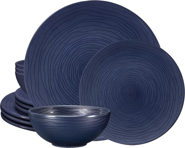 12 Piece Melamine Dinnerware Set - Durable, Dishwasher Safe Plates and Bowls - Casual Dining, Parties, Blue Dish Set Organica Blue Collection