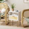 Rattan Nightstand, Drawer Dresser for Bedroom, Small Side Table with Drawer, Bedside Furniture, Night Stand, End Table with Gold Frame for Bedroom, Living Room, White