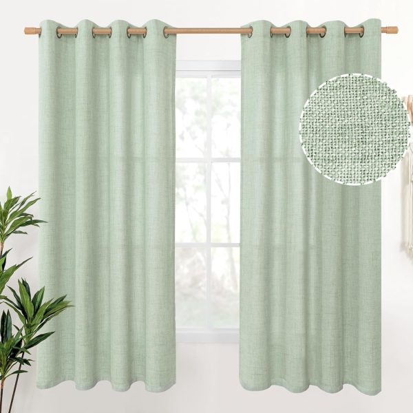 Natural Linen Curtains 63 Inch Length 2 Panels Bronze Grommet Linen Textured Short Window Drapes Light Filtering for Living Room Bedroom, 52 X 63 Inch