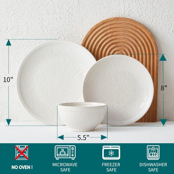Dinnerware Sets, Beige Relief Plates and Bowls Sets, 12 Pieces Stoneware Dinnerware Set Service for 4, Vintage Look Dish Set Clearance, Handmade Highly Chip and Crack Resistant Dishes