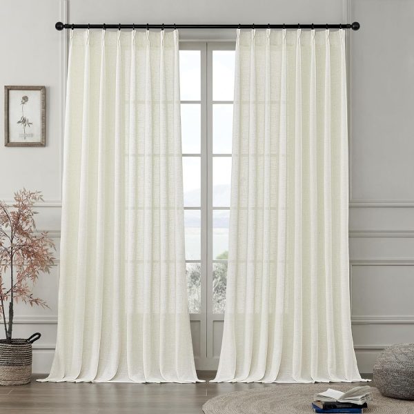 81cH3vqLn-L._AC_SL1500 Pleated Linen Curtains 96 Inches Long for Living Room 2 Panel Set, Semi Sheer Pinch Pleat Back Tab Drapes with Hooks Neutral Boho Light Filtering Curtain for Bedroom Window 8 Ft W38xL96