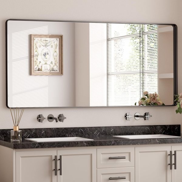 81d6H0OWeFL._AC_SL1500 Black Metal Framed Bathroom Mirrors for Wall, 20 x 30 Inch Rounded Rectangle Bathroom Vanity Mirror, Matte Black Farmhouse Mirror with Seamless Frame, HD Tempered Glass(Horizontal/Vertical)