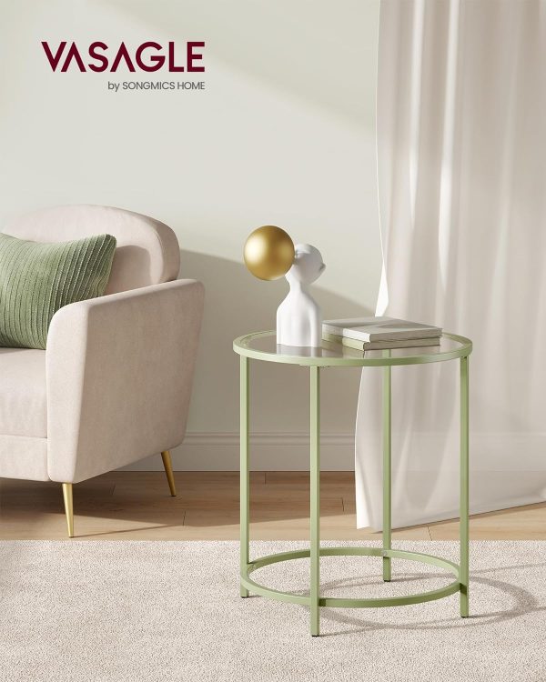 81drLnkGEIL._AC_SL1500 Round Side Table, Glass End Table with Metal Frame, Laurel Green Coffee Table with Modern Style, for Living Room, Balcony, Bedroom, Laurel Green