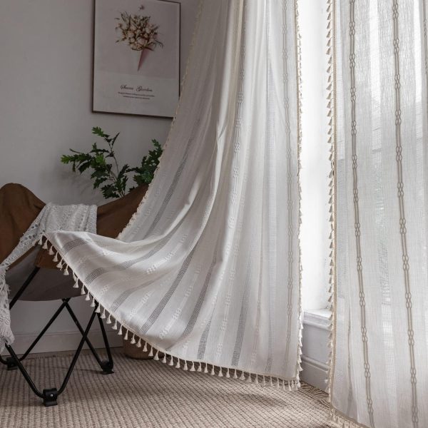 81eA4IYw-bL._AC_SL1500 Boho Curtains Semi-Blackout Window Curtains 84 Inch 2 Pannels for Living Room, Linen Tassels Farmhouse Curtains with Embroidery for Bedroom Rod Pocket Draperies 52" W x 84" L,Off White