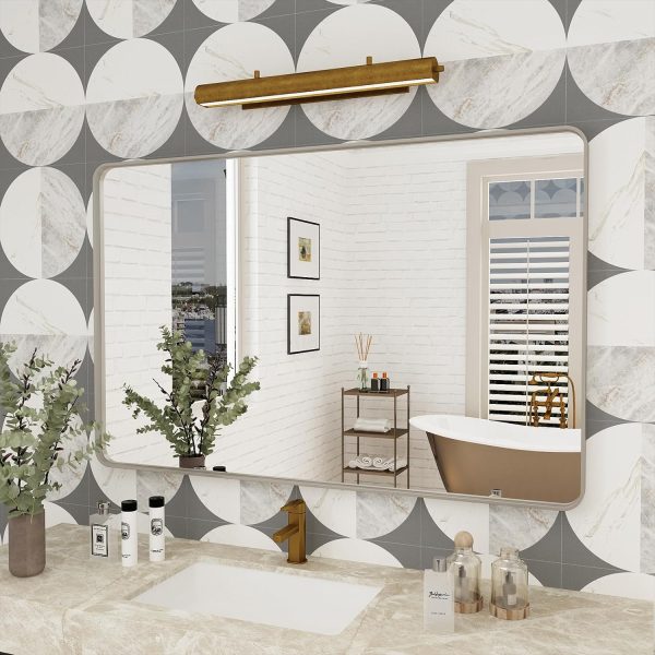 81gLTuYBOfL._AC_SL1500 20x30 Silver Bathroom Mirror, Silver Wall Mirror for Vanity, Brushed Metal Framed Rectangle Mirror, Anti-Rust, Brushed Nickel,Shatterproof, Round Corners(Horizontally/Vertically)